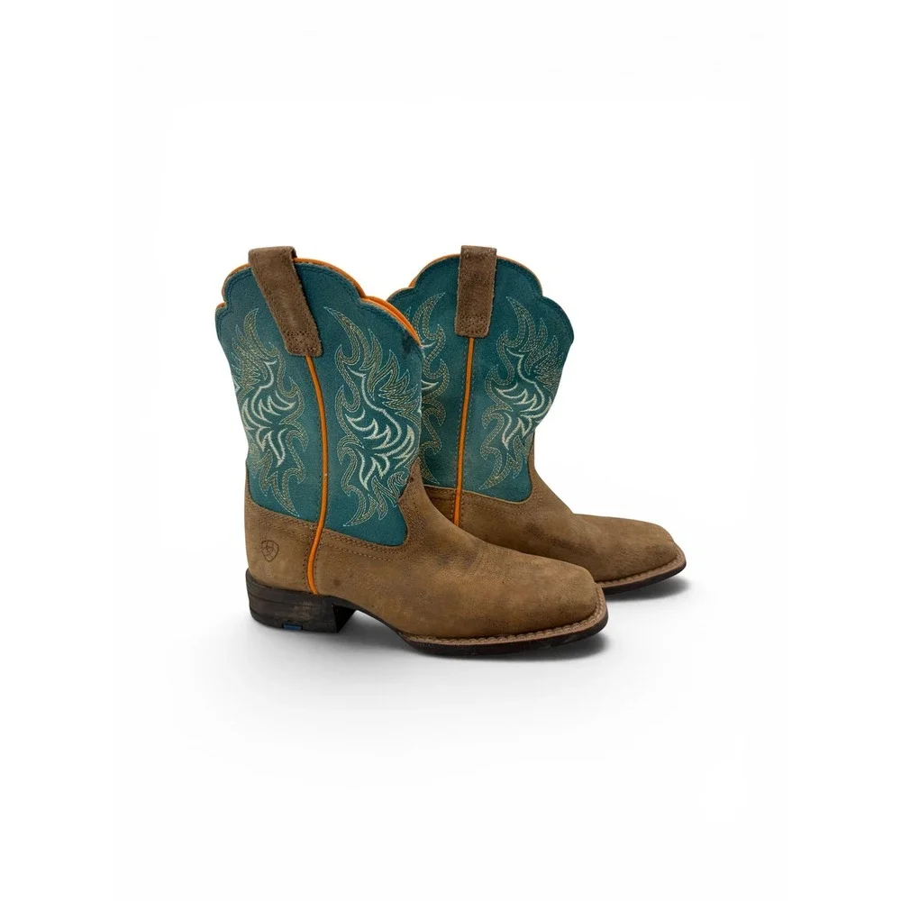 Ariat Western Boots Kids Size 1 Brown Teal 10053621 Square Toe Leather Cowboy